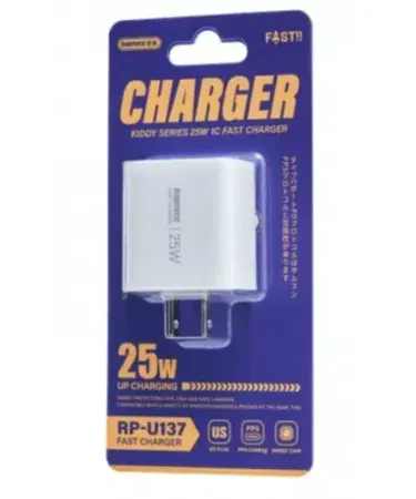 Remax RP-U137 Kiddy Series 25W Type-C fast charger in white, compatible with PD and QC protocols.