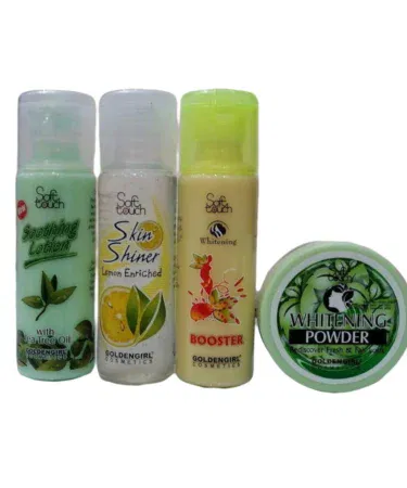 Soft Touch Skin Shiner, Booster, Soothing Lotion, and Whitening Powder for radiant, smooth skin.