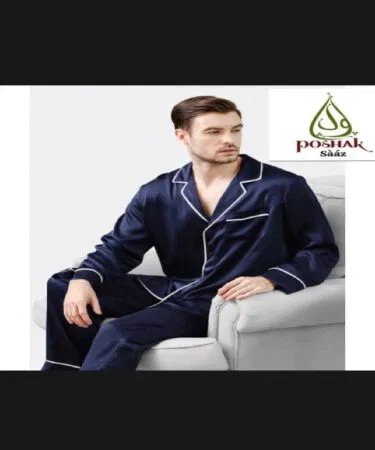 Men's luxury satin pajama set with white piping, available in Pakistan.
