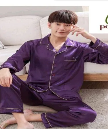 Men's luxury satin 2-piece pajama set with white piping, available in S and M sizes in Pakistan.