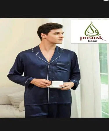Men's luxury satin pajama set with white piping, available in Pakistan.