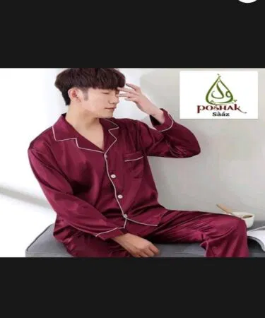 Men's maroon luxury satin 2-piece pajama set with white piping, available in Pakistan.