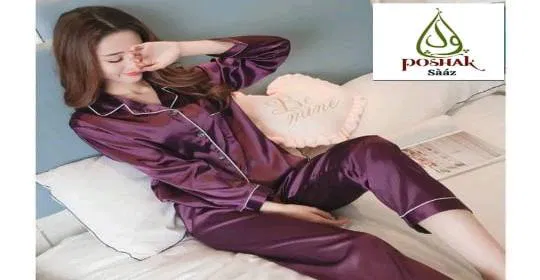 Women's luxury teal satin 2-piece pajama set with white piping, available in Pakistan.