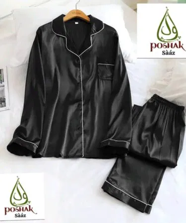 Men's luxury satin pajama set with white piping, 2-piece nightwear for sale in Pakistan.