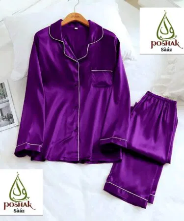 Men's luxury satin 2-piece pajama set with white piping, available in S and M sizes in Pakistan.