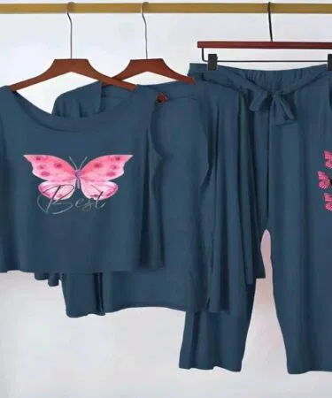 Women's blue butterfly printed jersey 3-piece night suit with shorts, sold in Pakistan