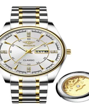 Luminous steel belt watch for men with yellow dial, waterproof, sold in Pakistan
