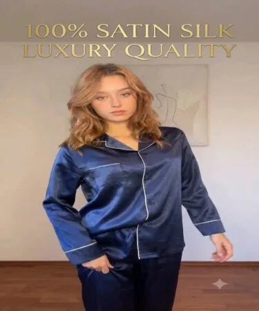Women's luxury satin silk 2-piece pajama set with white piping, available in Pakistan.