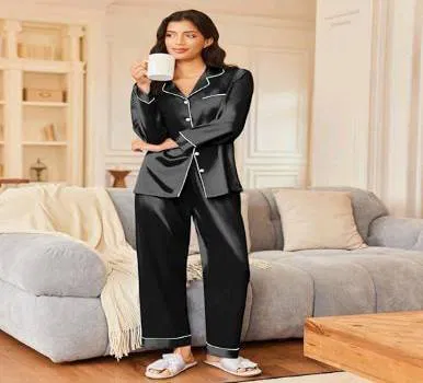 Women's luxury satin 2-piece pajama set with white piping, available in Pakistan