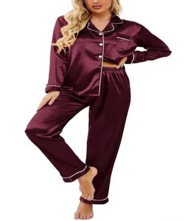 Women's luxury teal satin 2-piece pajama set with white piping, available in Pakistan.