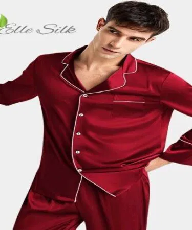 Men's maroon luxury satin 2-piece pajama set with white piping, available in Pakistan.