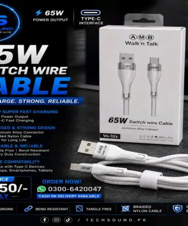 65W Fast Charging Braided Nylon USB-C Cable, 1M, White, Aluminum Alloy, AMB, sold in Pakistan