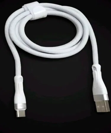 65W Fast Charging Braided Nylon USB-C Cable, 1M, White, Aluminum Alloy, AMB, sold in Pakistan