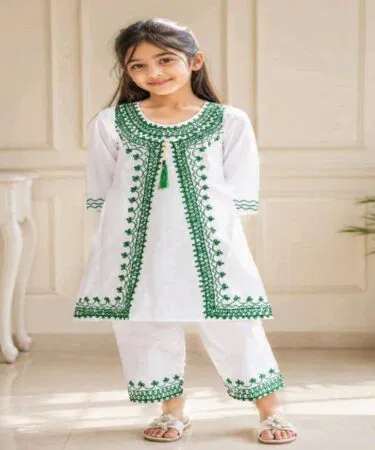 Girls 2 piece suit with embroidery, soft fabric, clean design, comfortable, sold in Pakistan