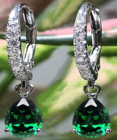 Elegant emerald green teardrop leverback hoop earrings with cubic zirconia, crafted from copper and crystal, sold in Pakistan