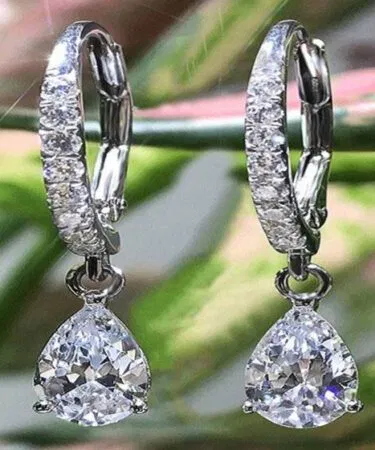 Brilliant white zirconia teardrop leverback hoop earrings for party and daily wear in Pakistan