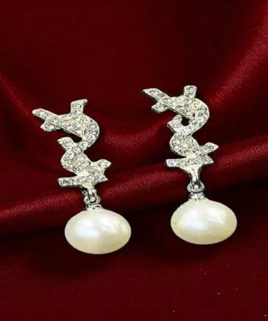 Silver-tone rhinestone crystal monogram pearl drop earrings for women, sold in Pakistan
