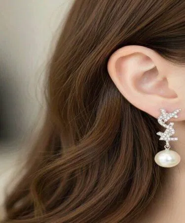 Silver-tone rhinestone crystal monogram pearl drop earrings for women, sold in Pakistan