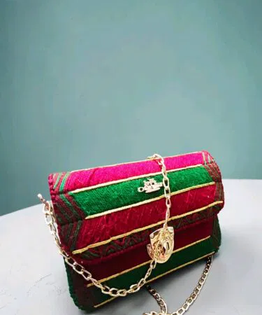 Red & Green handmade canvas & yarn clutch bag with gold chain for women | QJ custom bags
