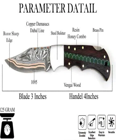 Vengai & Resin Copper Damascus Pocket Knife with 3-inch blade, ideal for Pakistan.