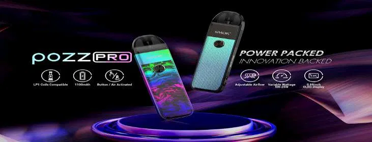 SMOK POZZ Pro Kit 25W vaping device with display, rechargeable battery, and adjustable airflow, sold in Pakistan.