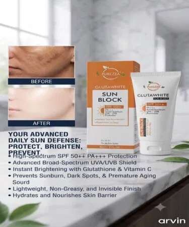 Purezza Natural Glutawhite Sunblock SPF 50+ PA+++ for radiant, protected skin in Pakistan