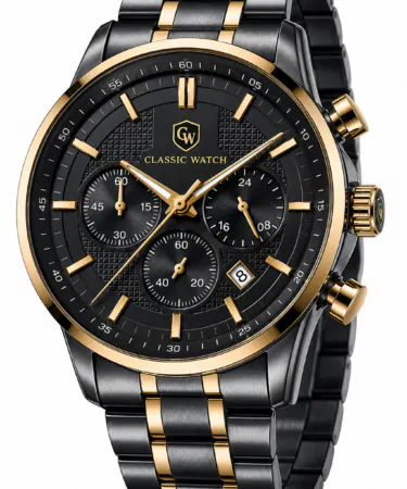 Classic luxury men's chronograph watch with black and gold dial, stainless steel bracelet, sold in Pakistan.