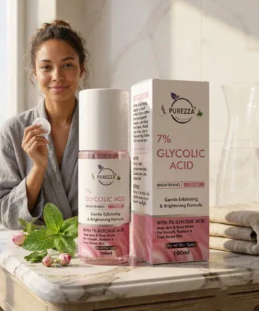 Purezza Natural Glycolic Acid Exfoliating Toner 7% AHA for glowing skin, open pores, blackheads, dark spots.