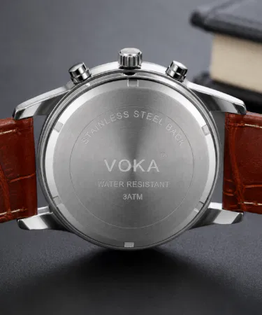 VOKA men's classic brown leather analog quartz watch with black dial and Roman numerals, sold in Pakistan