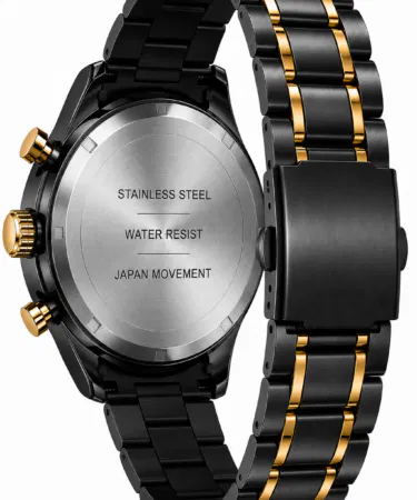 Classic luxury men's chronograph watch with black and gold dial, stainless steel bracelet, sold in Pakistan.