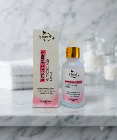 Purezza Natural Glycolic Acid Face Serum 30ml for exfoliation, glow, dark spots, blackheads, and fine lines