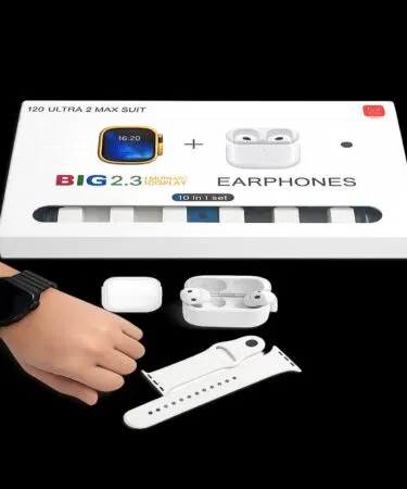 i20 Ultra 2 Max Smart Watch 10-in-1 bundle with wireless earphones, 2.3" display, Bluetooth calling, IP67 water resistant