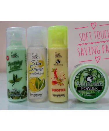 Soft Touch Skin Shiner, Booster, Soothing Lotion, and Whitening Powder for radiant, smooth skin.