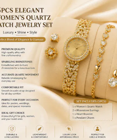 5PCS elegant women's quartz watch rhinestone jewelry set luxury bracelet strap wristwatches for girls clock