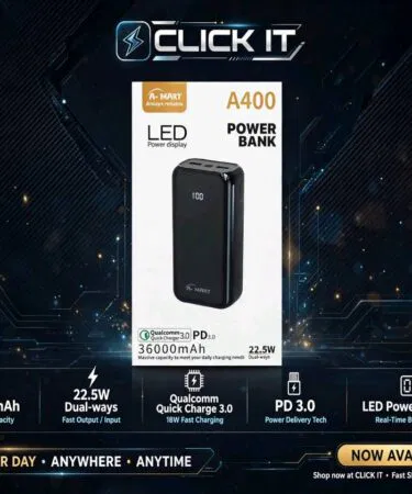 CLICK IT A400 36000mAh power bank with 22.5W fast charging and LED display for sale in Pakistan
