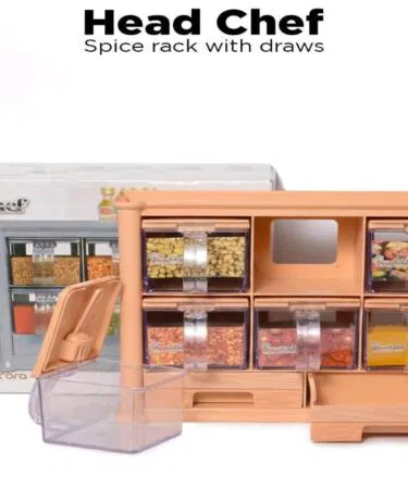 Head Chef plastic spice rack organizer with 6 jars and 2 drawers, perfect for Pakistani kitchens.
