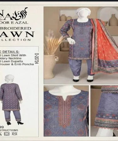 Noorazal 3-piece unstitched embroidered lawn suit for women, pure lawn fabric, ideal for parties in Pakistan
