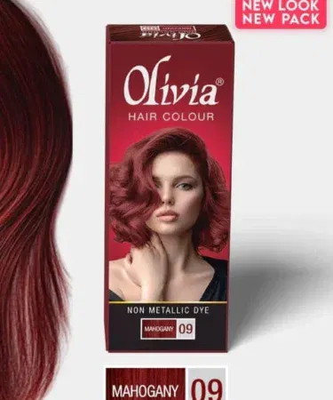 Olivia Hair Colour in Mahogany shade, a non-metallic crème formula with added proteins and Vitamin E for strong, shiny hair.