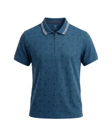 Men's premium printed cotton polo t-shirt with quarter zip and collar, available in M, L, XL sizes in Pakistan.
