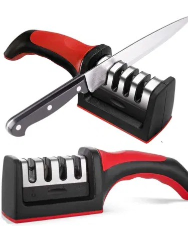Professional 4-in-1 manual knife and scissor sharpener with tungsten steel, diamond, and ceramic stones.