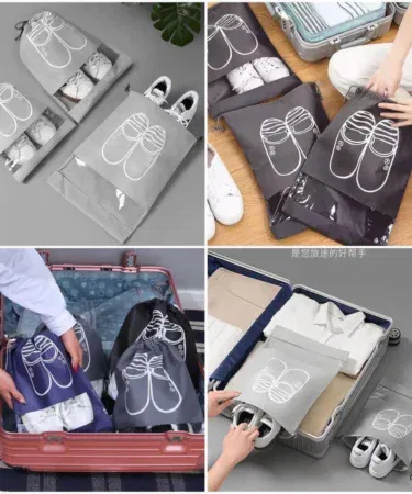 Non-woven fabric travel shoe pouch with visual window and drawstring closure, dustproof and breathable storage bag.
