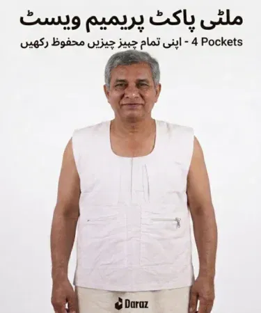 Mens white cotton banyan waistcoat with secret zipper pockets for travel, Hajj, Umrah in Pakistan