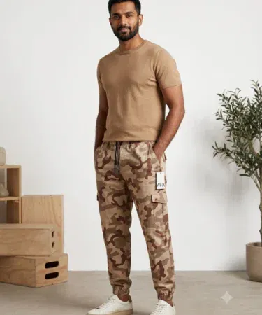 Men's camouflage and beige cotton cargo trousers and jogger pants in Large and XL sizes.