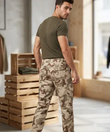 Men's camouflage and beige cotton cargo trousers and jogger pants in Large and XL sizes.