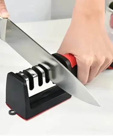 Professional 4-in-1 manual knife and scissor sharpener with tungsten steel, diamond, and ceramic stones.