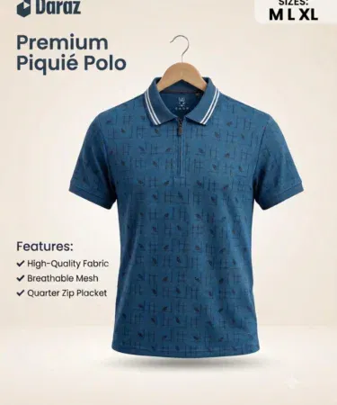 Men's premium printed cotton polo t-shirt with quarter zip and collar, available in M, L, XL sizes in Pakistan.