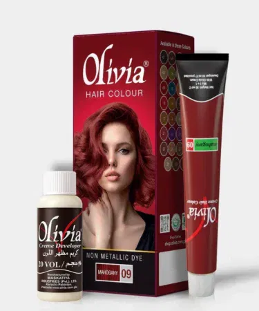 Olivia Hair Colour in Mahogany shade, a non-metallic crème formula with added proteins and Vitamin E for strong, shiny hair.