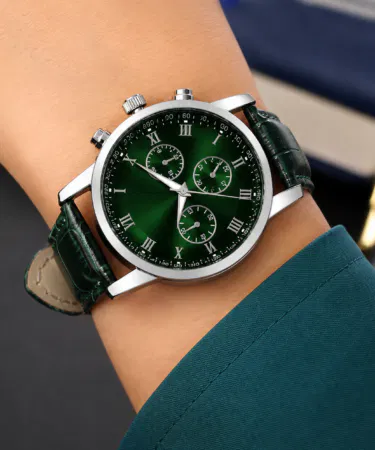 Elegant green dial chronograph watch for men with Roman numerals and leather strap sold in Pakistan