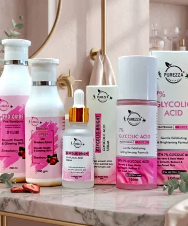 Purezza Natural Glycolic Resurfacing & Pink Skin Polish Facial Kit 4 in 1 Set for instant skin brightening