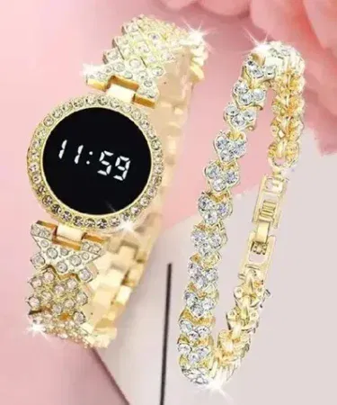 Diamond touch screen LED watch for girls and ladies with stainless steel chain and bracelet in Pakistan